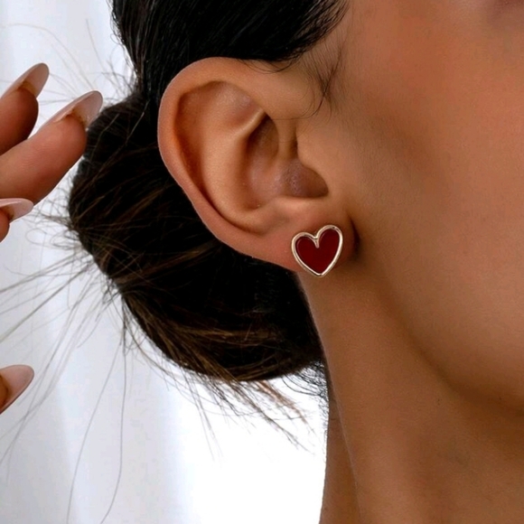14k Gold Heart Earrings - Red Heart Stud With Loop - 14k  Gold and Red Heart Stud Earrings